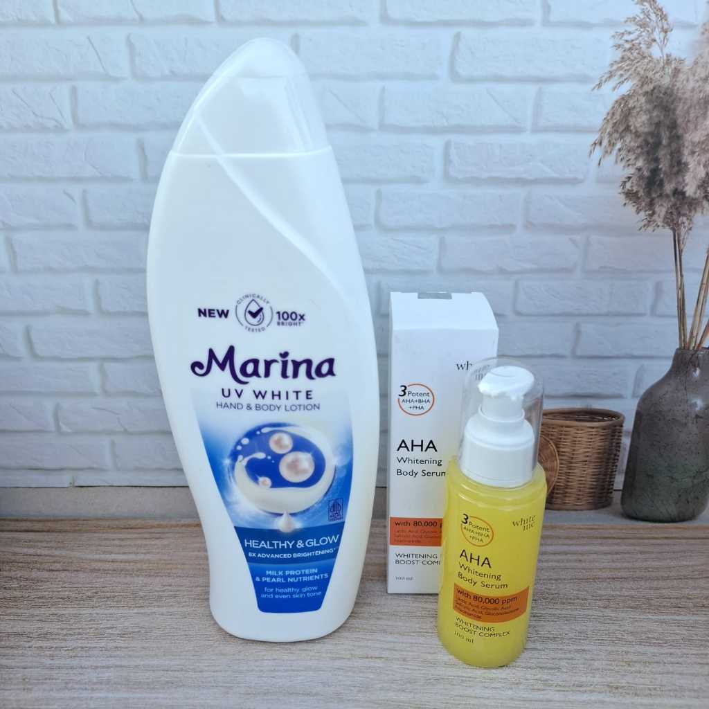 PAKET BESAR MARINA HEALTHY & GLOW 460ML | AHA whitening body serum white inc 100ml   MENCERAHKAN MEN
