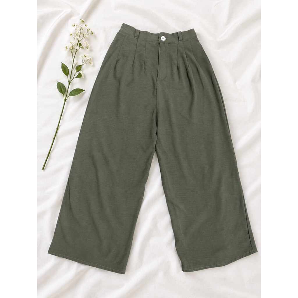Prelove Celana Kulot Crinkle Highwaist Wanita Loose Cullote Warna Sage