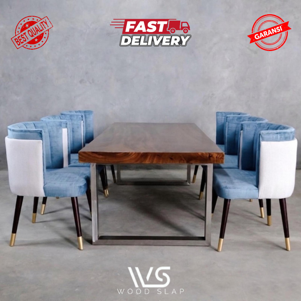 Set Meja Makan Trembesi Solid Flat Kotak Lurus 3 Meter Kaki Besi Hollow 6pcs Kursi Makan Kayu Jati M