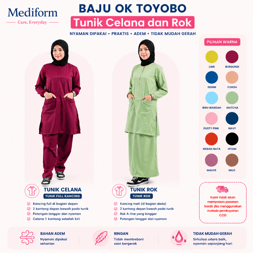 MEDIFORM - Baju OK Ok Wanita Tunik Celana dan Rok Toyobo Seragam Medis Scrub Perawat Perempuan Nyama