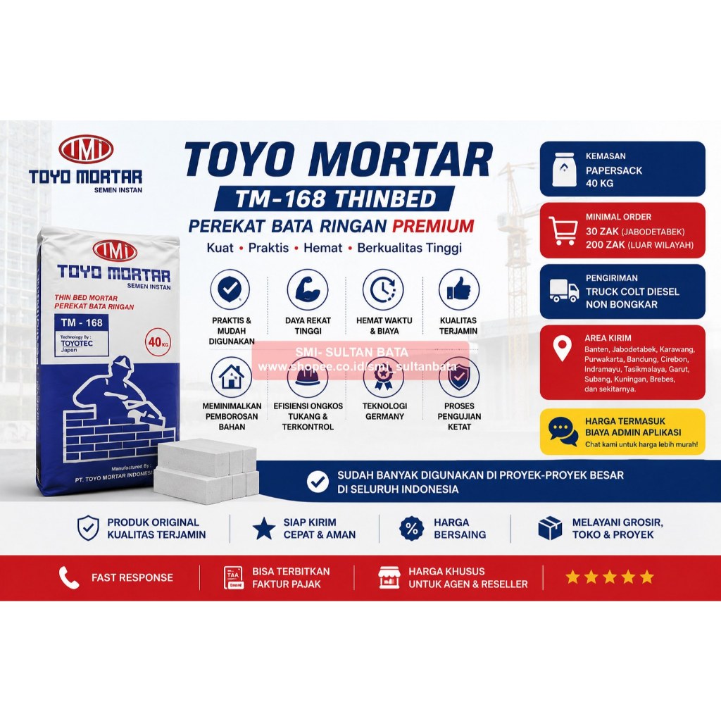 PEREKAT LEM HEBEL BATA RINGAN TOYO MORTAR TM-168 THINBED (SEMEN INSTANT/ MORTAR KHUSUS PEREKAT BATA 