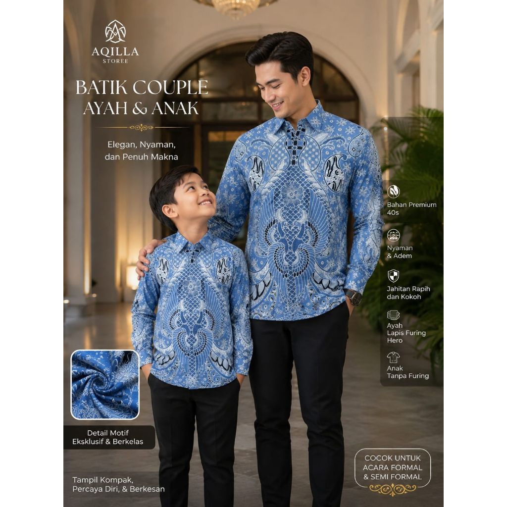 Kemeja Batik Couple Pria Warna Biru Langit Lengan Panjang Furing Hero & Anak Non Furing Bahan Katun 
