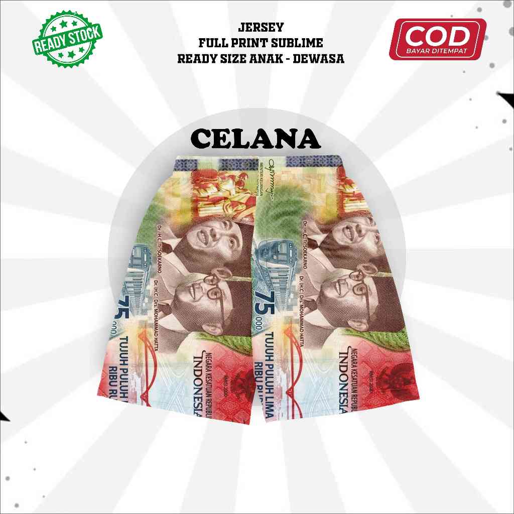 Celana Jersey Motif Uang 75 Tujuh Puluh Lima Ribu Bawahan Sport Duit Gambar Unik Full Printing Subli