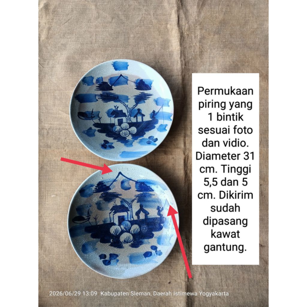 Diameter 31 cm 2 buah piring gantung keramik lukis biru gambar pemandangan di buat seperti antik kun