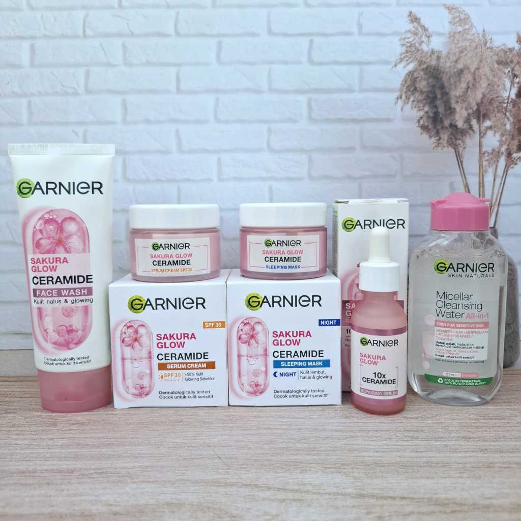 ( NEW ) Paket Komplit 5in1 Skincare Garnier Sakura Glow Skin Barrier Simple Set - Untuk Kulit Glowin