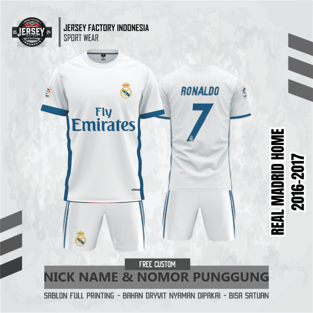 JERSEY REAL MADRID HOME 2016-2017 PENDEK UNTUK DEWASA DAN ANAK ANAK FREE CUSTOM NAMA DAN NOMOR