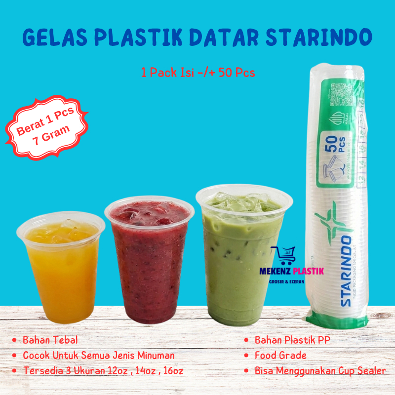 Gelas Cup Datar Plastik PP Bening Starindo 7 Gram Isi 50 Pcs Ukuran 120z 140z 16oz I Gelas Minuman K
