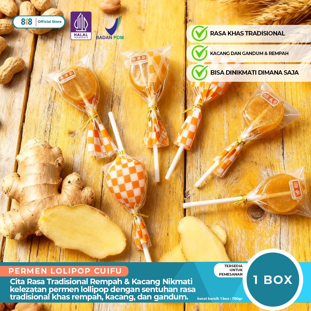 Permen Lolipop Cuifu Dellicious 1Toples isi 15pcs Rasa Berpadu Aroma Gandum Kacang Jahe Tekstur Kris