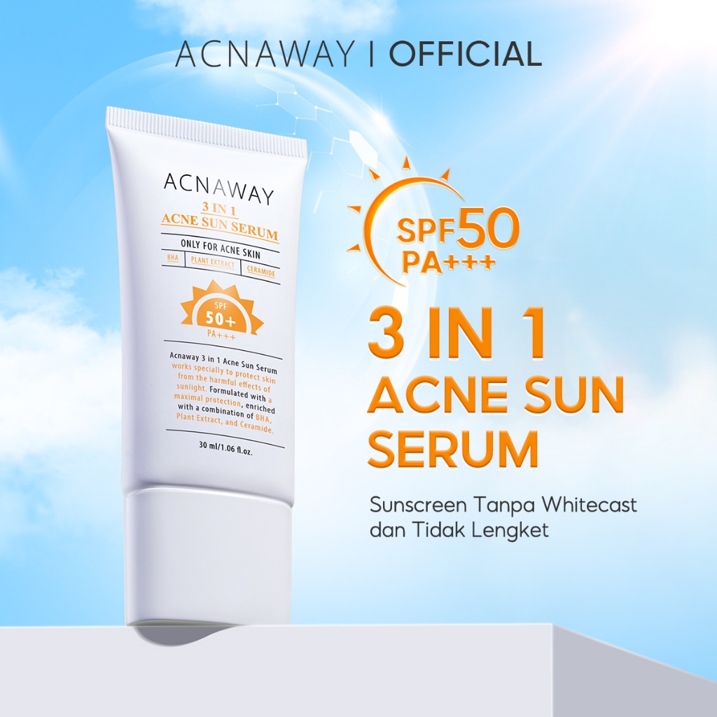 ACNAWAY 3 in 1 Acne Sun Serum SPF 50+ PA+++ 30ml– Sunscreen Wajah untuk Kulit Berjerawat & Sensitif | Melindungi Kulit dari Sinar UV, Mencerahkan, Merawat Skin Barrier Sunscreen Acne Prone Oily Skin Non Comedogenic Sun Screen Brightening Whitening