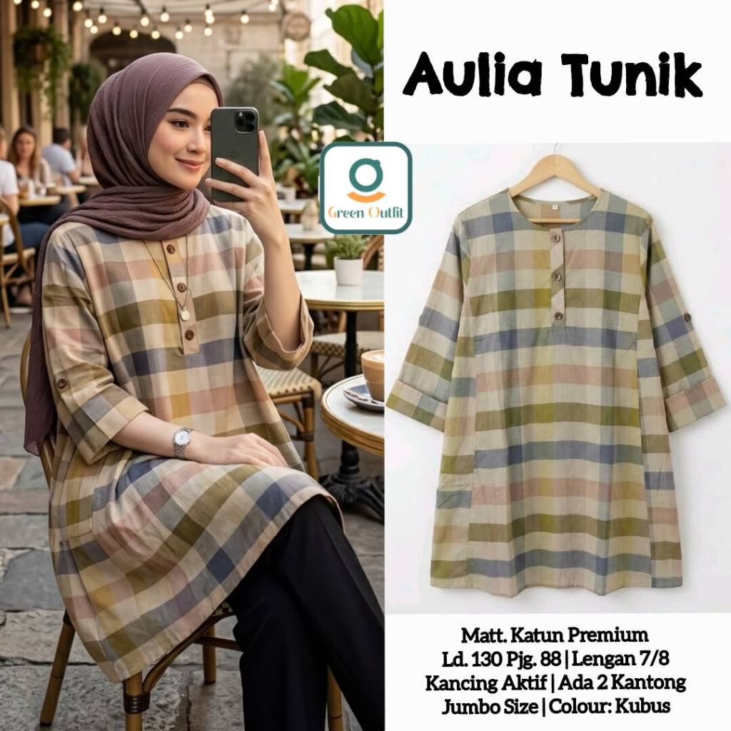 Aulia Tunik Jumbo Katun Premium Kotak Kubus LD 130 Lengan 7 8 Baju Atasan Muslimah