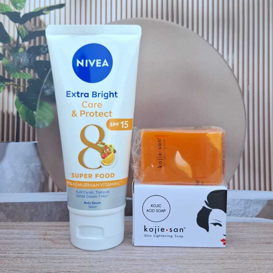 paket body care 2in1 nivea body serum care&protect 180ML + kojie san soap 65g