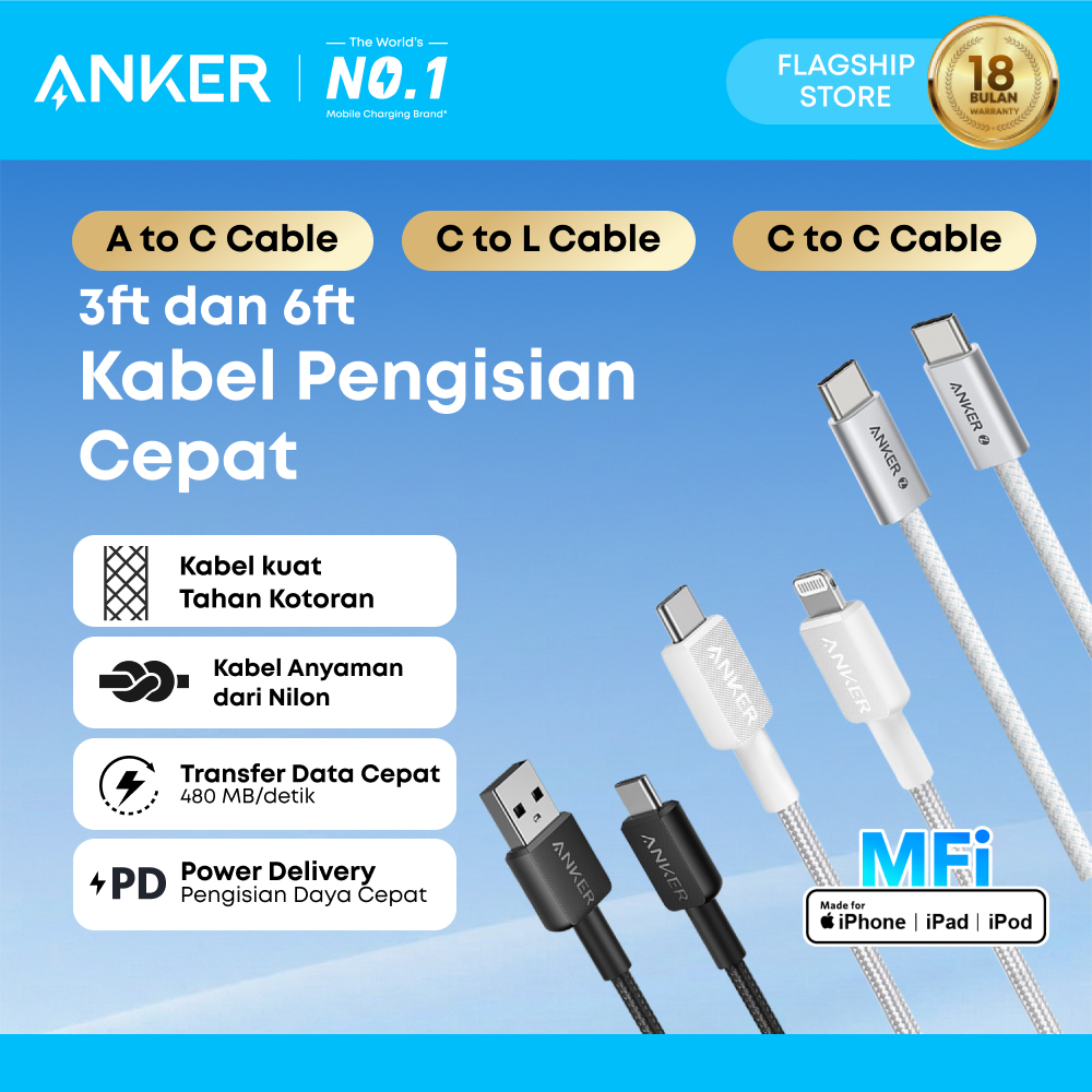 Anker Kabel Charger MFi iPhone X 11 12 13 14 15 16 PD Type C to C USB A and Lightning Fast Charging 