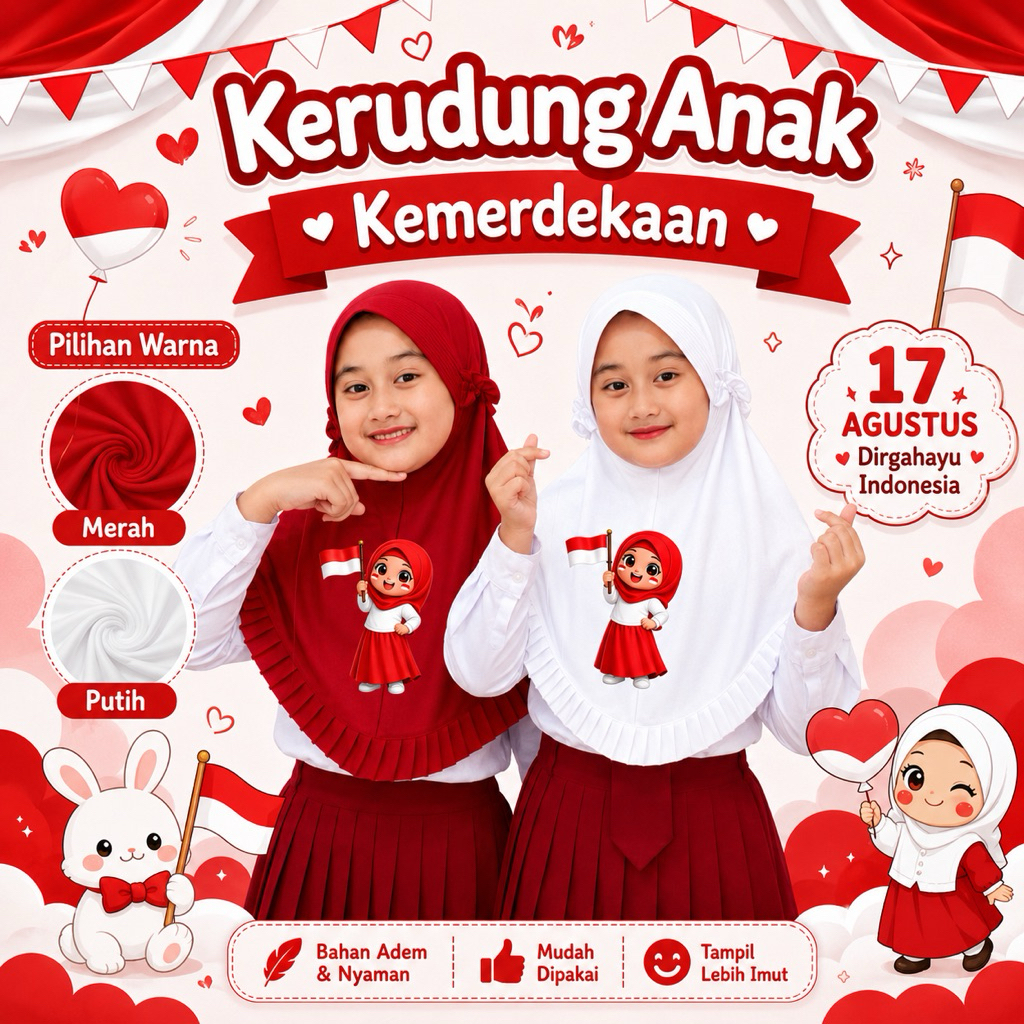 Apna.Store-Hijab Anak Kemerdekaan 17 Agustus | Kerudung Instan Anak Merah Putih Motif Lucu