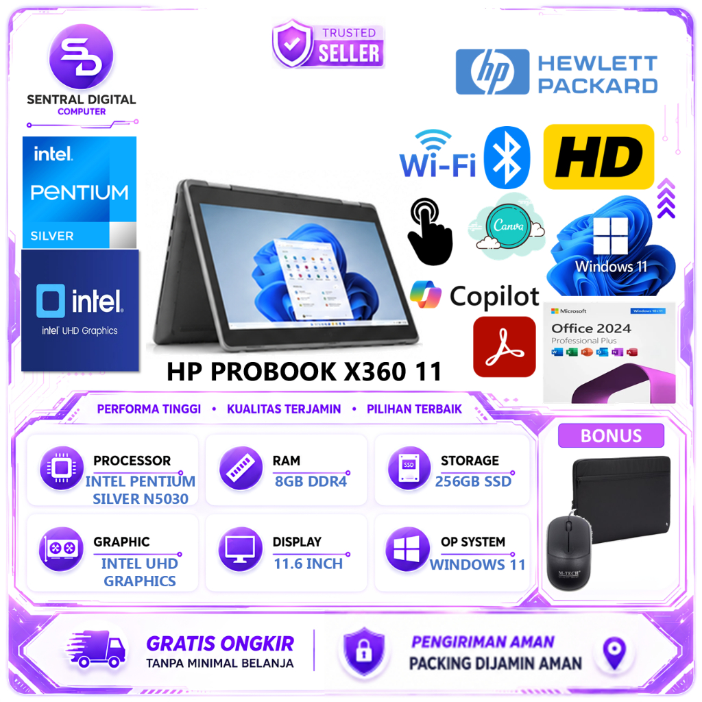 Laptop HP ProBook x360 11 N5030 8GB 256GB SSD Layar Sentuh Cocok Untuk Sekolah Kuliah Kerja