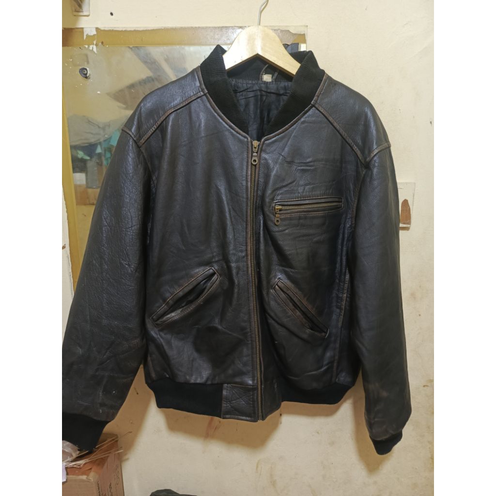 Jacket kulit asli vintage Leather Bomber varsity Patina Cowhide