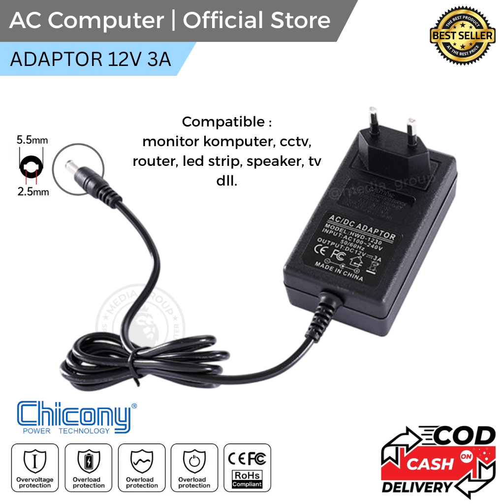 Adaptor AC DC 12V 3A Hitam, Kompatibel Monitor, CCTV, TV, Speaker