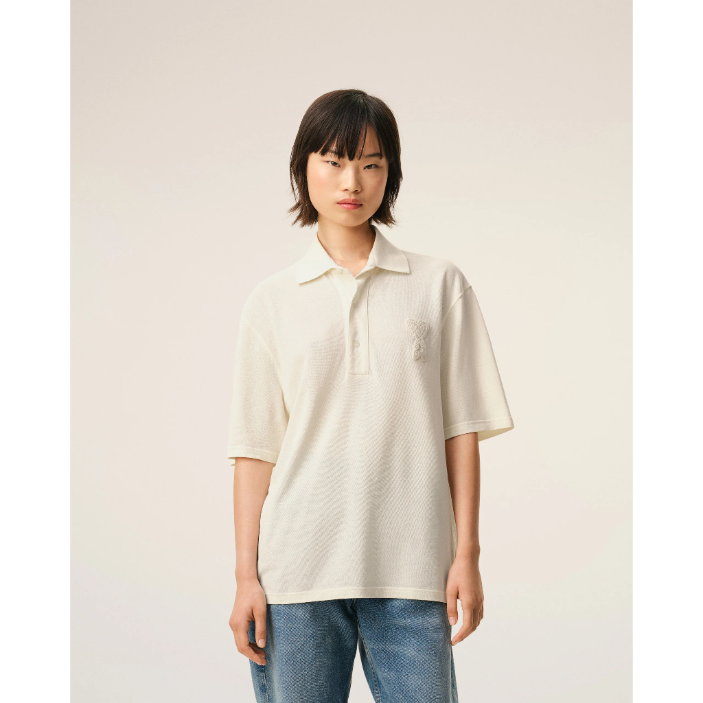 Ami Paris White Cotton Ami De Coeur Knit Patch Polo