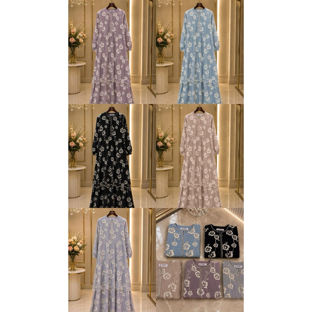 Gamis organza milky bordir mix Fayet furing katun polos Model susun Retliting dada ori By Edness Kay
