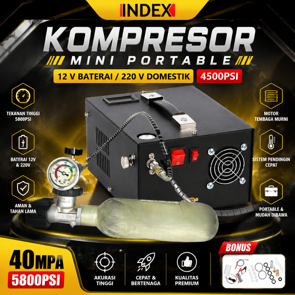 INDEX Portable Electric Air Compressor 12V 4500PSI 40MPa - Mini PCP Pump for Oxygen Tabung / Kompres
