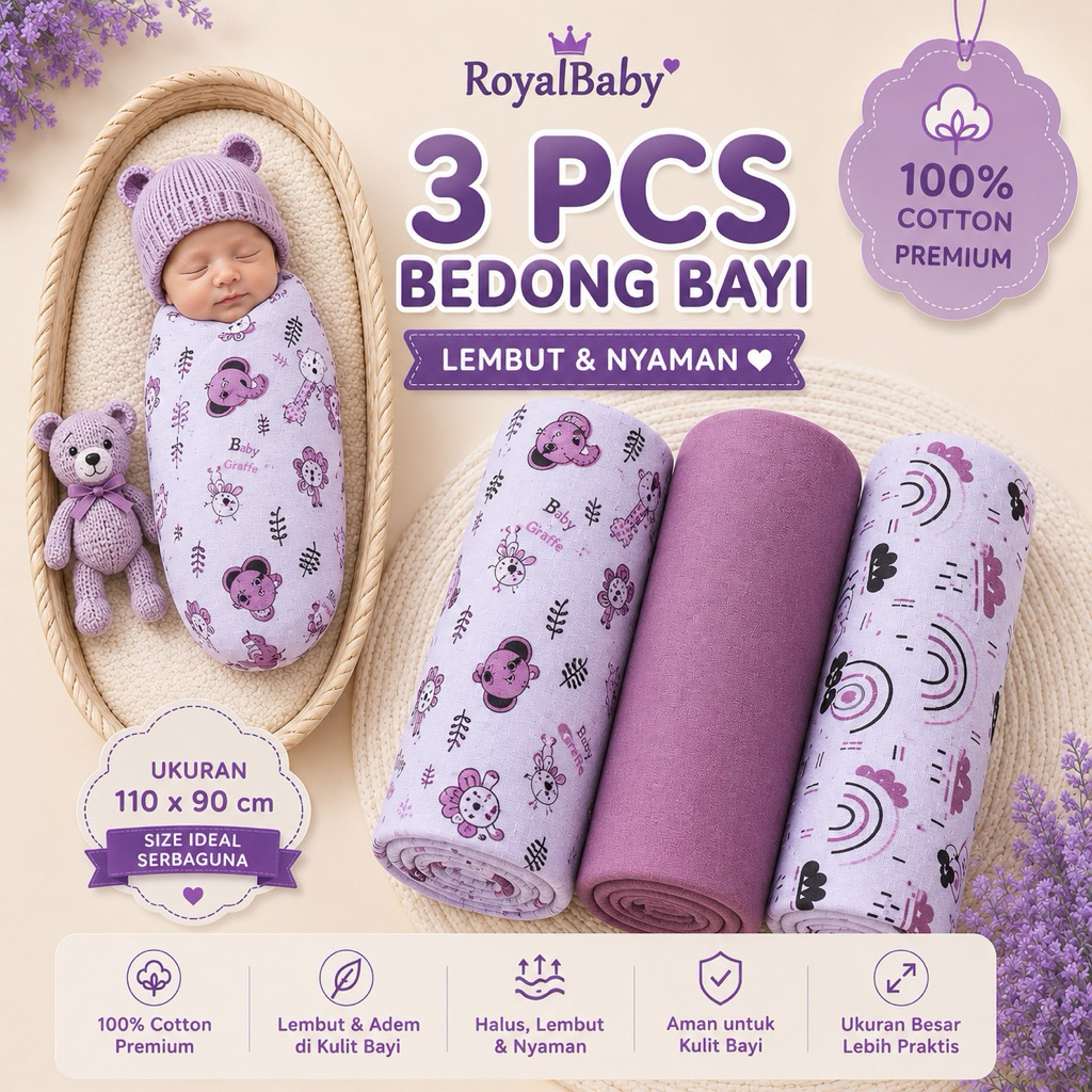 Bedong Bayi 110x90 RoyalBaby Taro 3 PCS | Bedong Bayi Katun Muslin Premium | Selimut Bayi Jumbo Newb