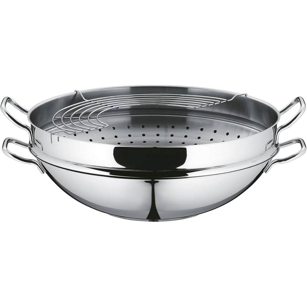 WMF Wok 0792566040-4 pc set, 1x 36 cm wok pan, 1x glass lid, 1x storage grid, 1x steamer insert 
