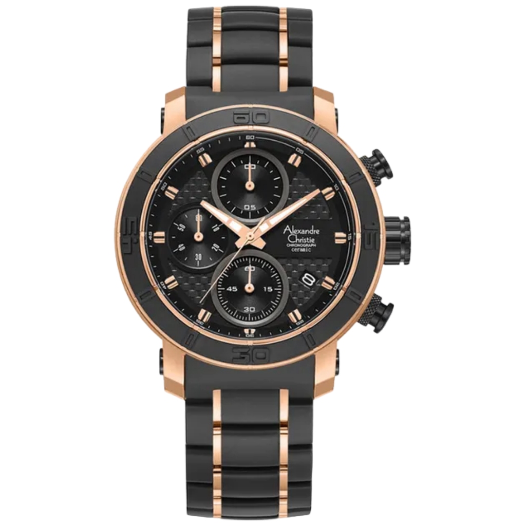 Galery Jam Tangan Alexandre Christie Chronograph AC 6292 MC 2 Black Dial Dual Tone St Steel With Cer