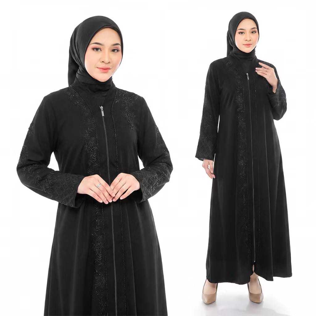 Abaya Najma Gamis Hitam Turkey Jetblack Bordir Payet Dress Lebaran Pesta Kajian Umroh 543