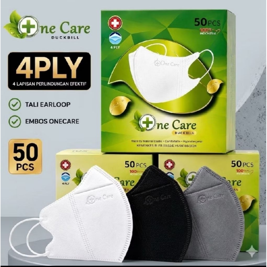 Masker Duckbill One Care 4 Ply 50 Pcs | Emboss One Care | Earloop Nyaman | Masker Medis Dewasa Putih