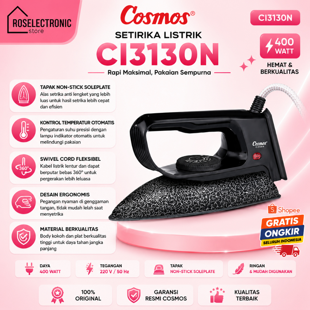 COSMOS SETRIKA LISTRIK ANTI LENGKET CI3130N TERMURAH ORIGINAL/CI-3130N/CI-3130-N/CI 3130N/CI 3130 N