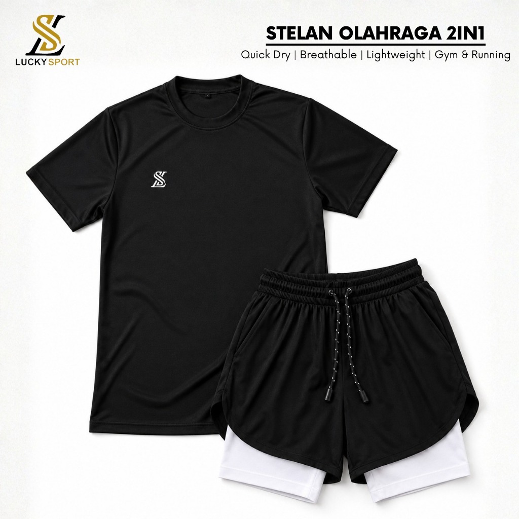 Setelan Olahraga Pria Double Layer 1 Set Baju Kaos Dryfit Celana Pakaian Outdoor Running gym lari Ba