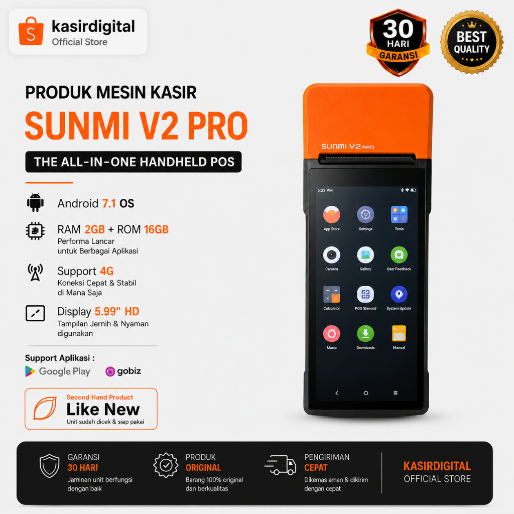 Mesin Kasir Android Portable SUNMI V2 PRO RAM 2+16 GB Non NFC Second Bergaransi Support Playstore
