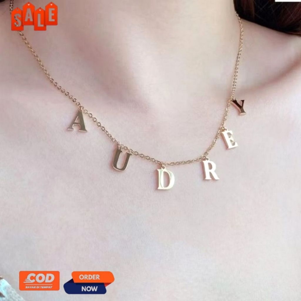 Kalung Gantungan Nama Audrey Emas Muda Elegan Untuk Wanita