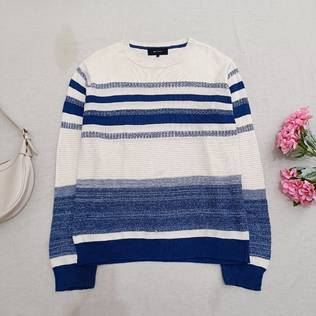 Sweater Rajut Wanita Pria SHIPS JET BLUE Stripe Biru Putih Oversize Knit L Casual