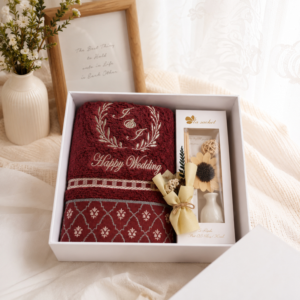 Hampers Wedding Premium Handuk Bordir Custom Nama + Diffuser Aromaterapi | Kado Pernikahan Eksklusif