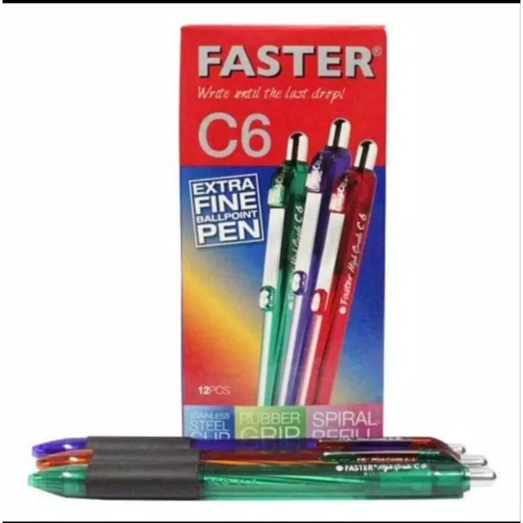 (1Lusin=12 Pcs) Pulpen | Bolpen | Pena | Bolpoint FASTER C6 HITAM ASLI