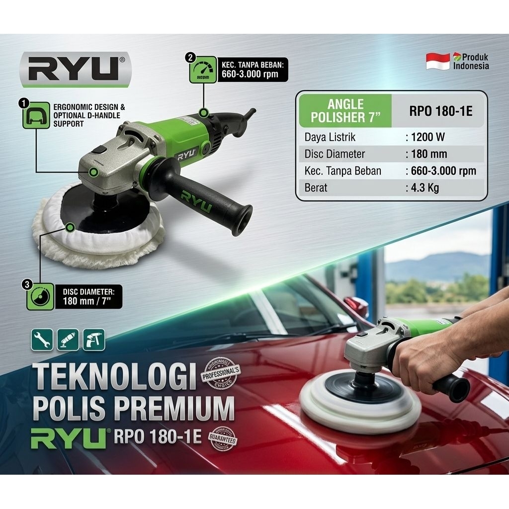 Mesin poles merk ryu 7 inci / angle polisher merk ryu 7 inch murah berkualitas RPO 180-1E