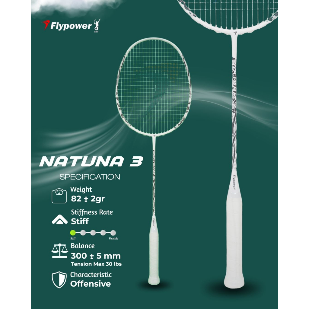 Flypower Natuna 03 Raket Badminton – White | Offensive | Stiff | Max 30 lbs