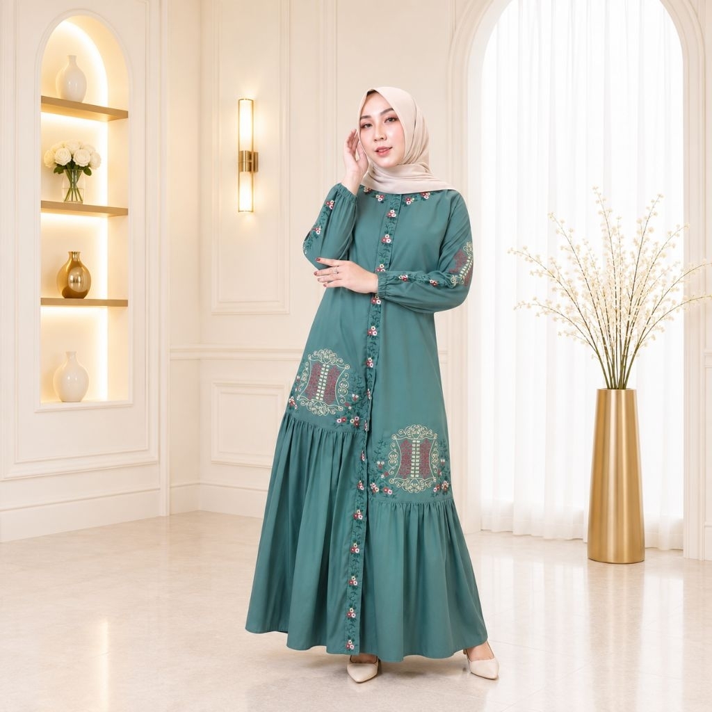 Arviestin - ( JUMBO ) Dress Gamis Muslim Amanda Bordiran Pintu Aceh Katun Toyobo Import