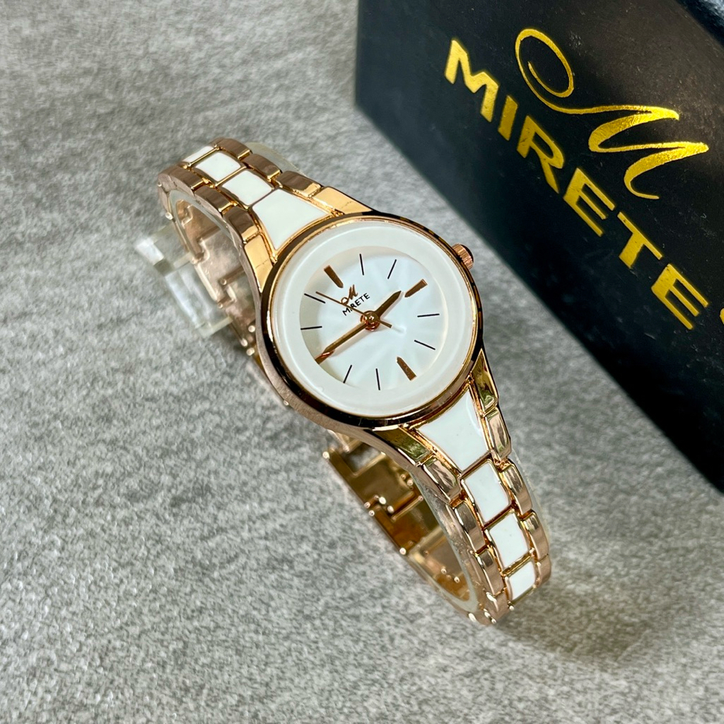 Jam Tangan Wanita MIRETE Elegan Rose Gold Putih | Jam Cewek Fashion Premium Stainless