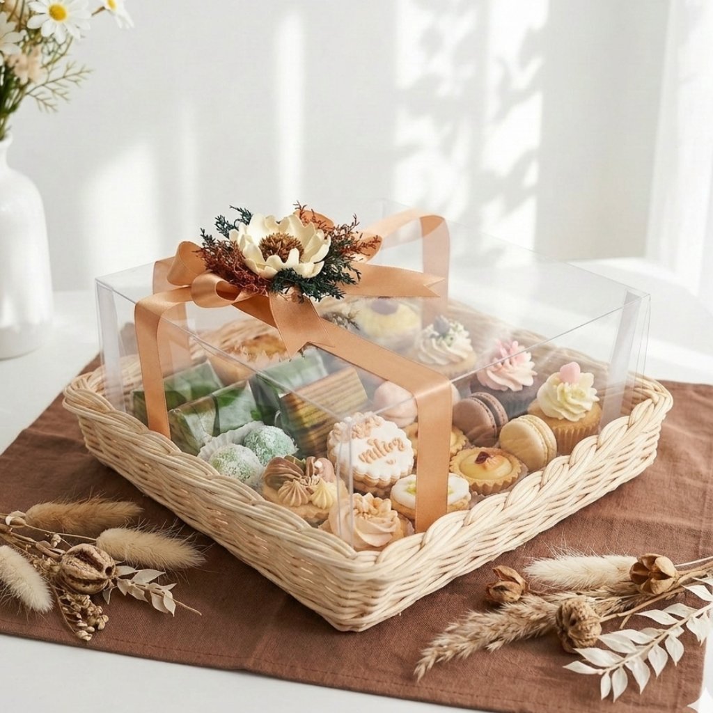 Nampan Rotan Kotak Mika/Nampan Hantaran/Nampan Kue mika 30CM & 25CM + Bunga Rustic / Keranjang Parse