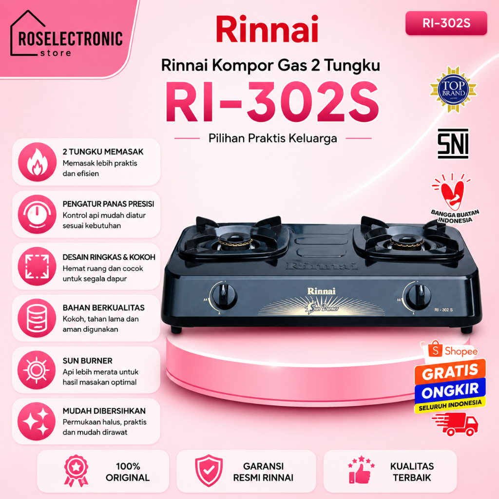 Kompor Gas Rinnai 2 Tungku RI 302S Original Bergaransi/RI302S/RI-302S/RI-302-S/RI 302 S/RI 302S