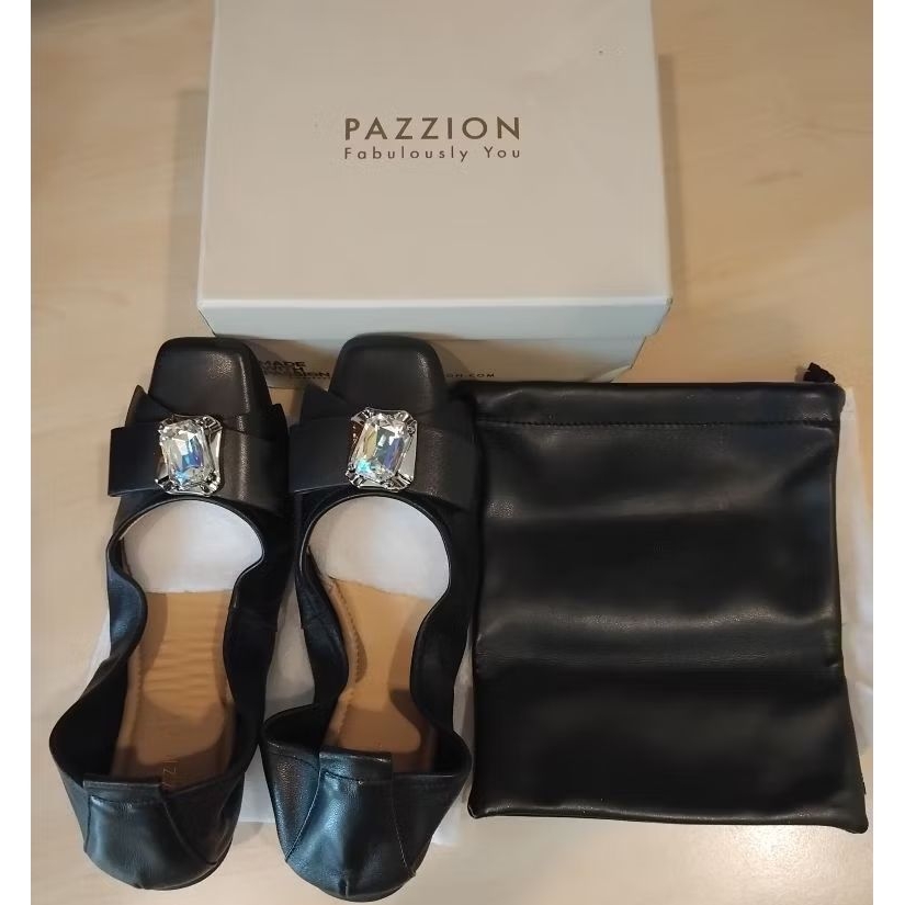READY SIAP KIRIM bisa GOSEND - New Pazzion Shoes Noelle Diamante Bow Foldable Flats - Black - Size 3