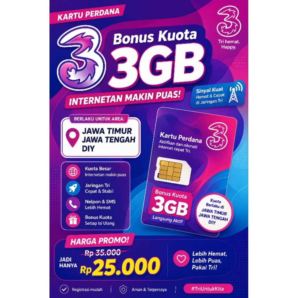 Kartu Perdana Tri 3GB - Full Kuota Utama, 30 Hari, Jaringan 3G/4G