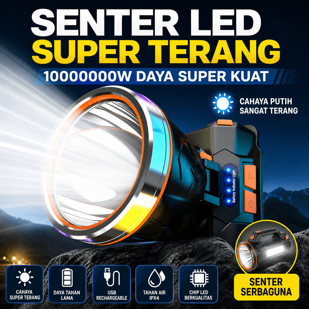 Senter Kepala LED Headlamp Super Terang 1000 Lumen Tahan Air Cas USB 10000mAh Jarak Jauh untuk Campi