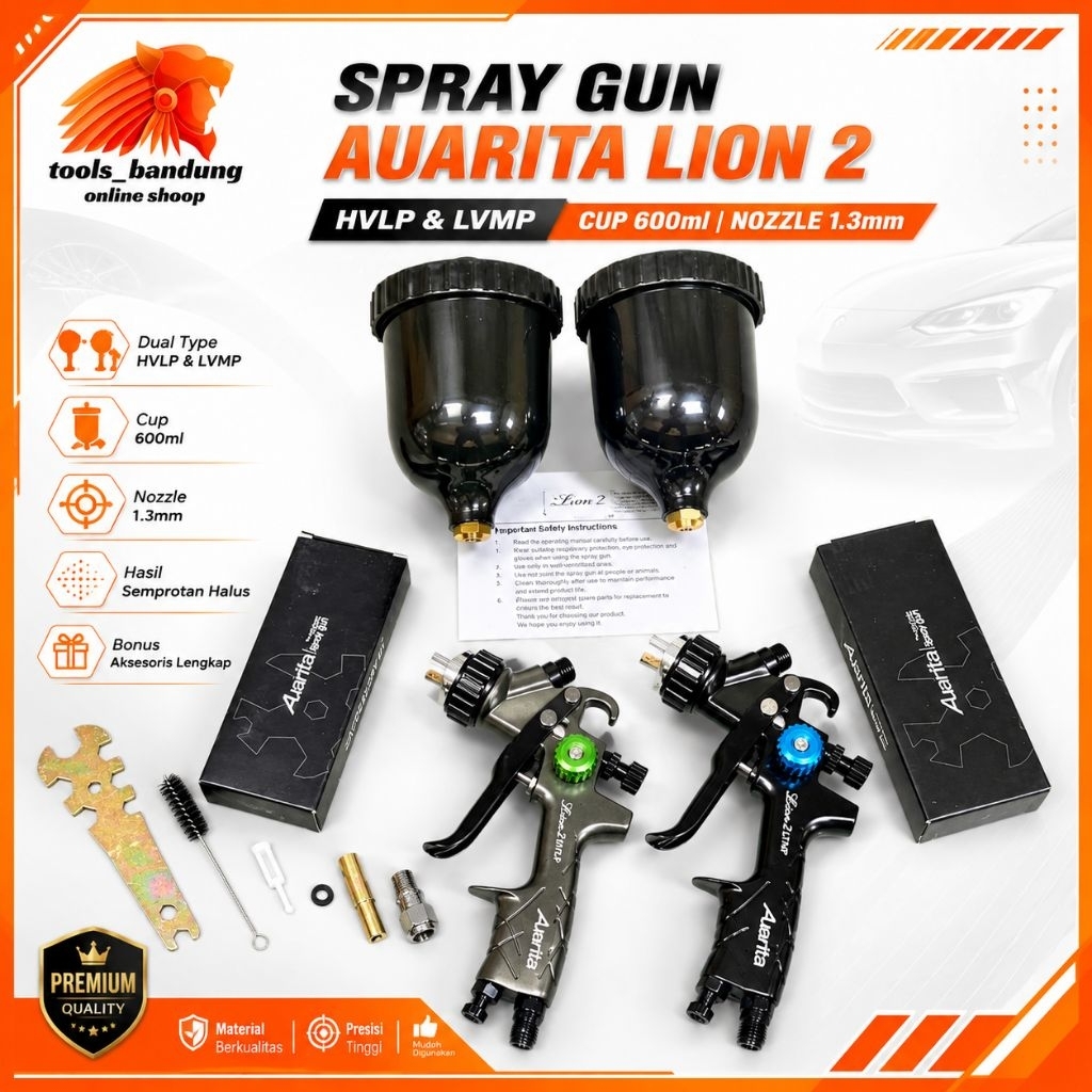 Spray Gun Auarita Lion 2 HVLP / LVMP Nozzle 1,3mm Cup 600ml Original Produk