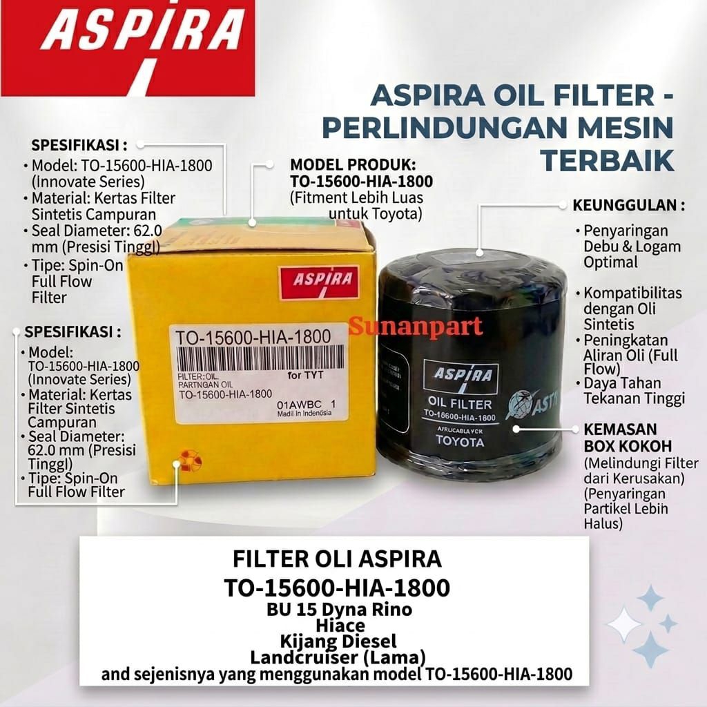 Aspira Filter Oli TO-15600-HIA-1800 untuk Mobil TOYOTA KIJANG DIESEL, HIACE, DYNO RINO, LAND CRUISER
