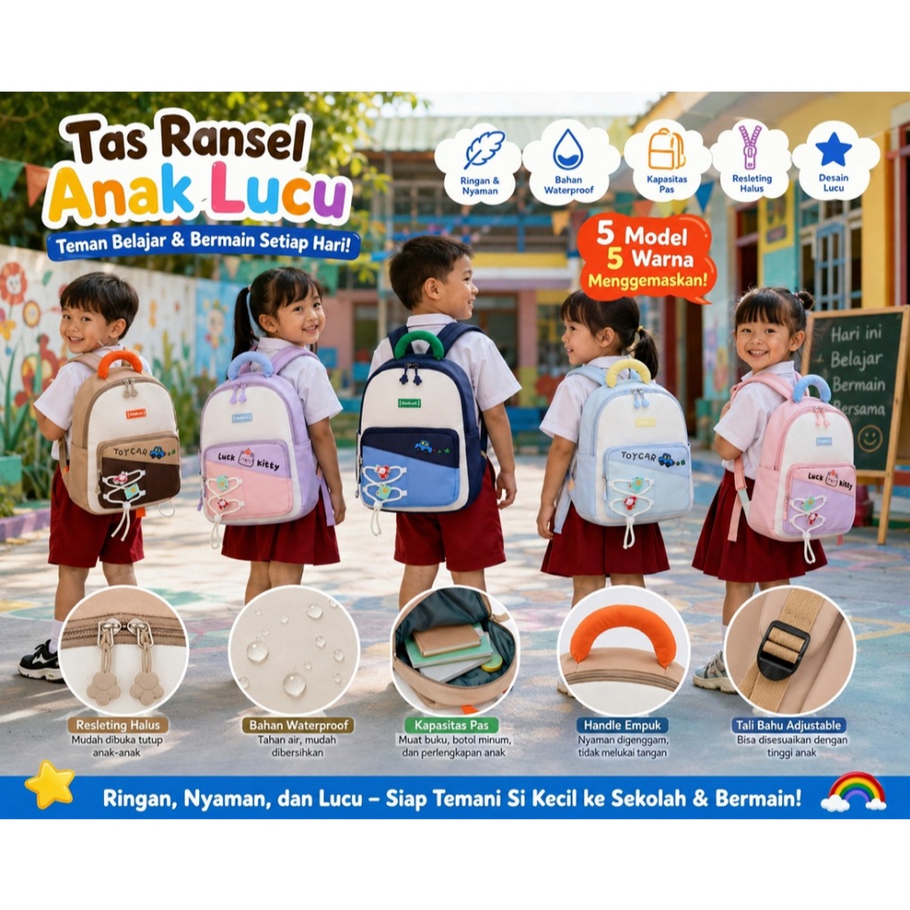 Tas Ransel Punggung Anak Sekolah SD TK PAUD Balita Backpack Lucu Anti Air Waterproof Karakter Mobil Kucing Toy Car Luck Kitty Cewek Cowok Laki Perempuan Premium Nylon Ringan Empuk Kekinian Terbaru Murah Kado Hadiah  3 4 5 6 7 Tahun Aesthetic Jalan Santai