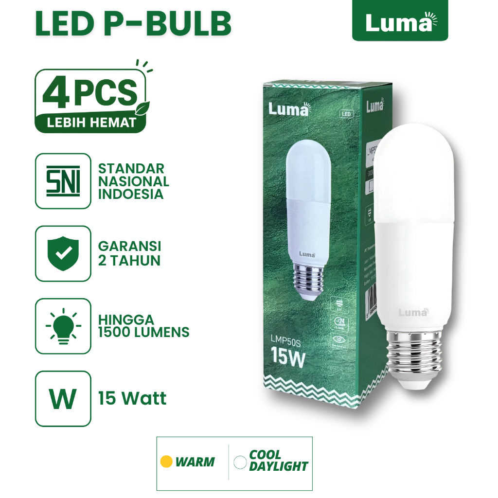 LUMA - (Bundling) Paket Isi 4 Lampu Led Stick P-Bulb 15 Watt 1400L E27 Warna Putih / Kuning Lampu Bo