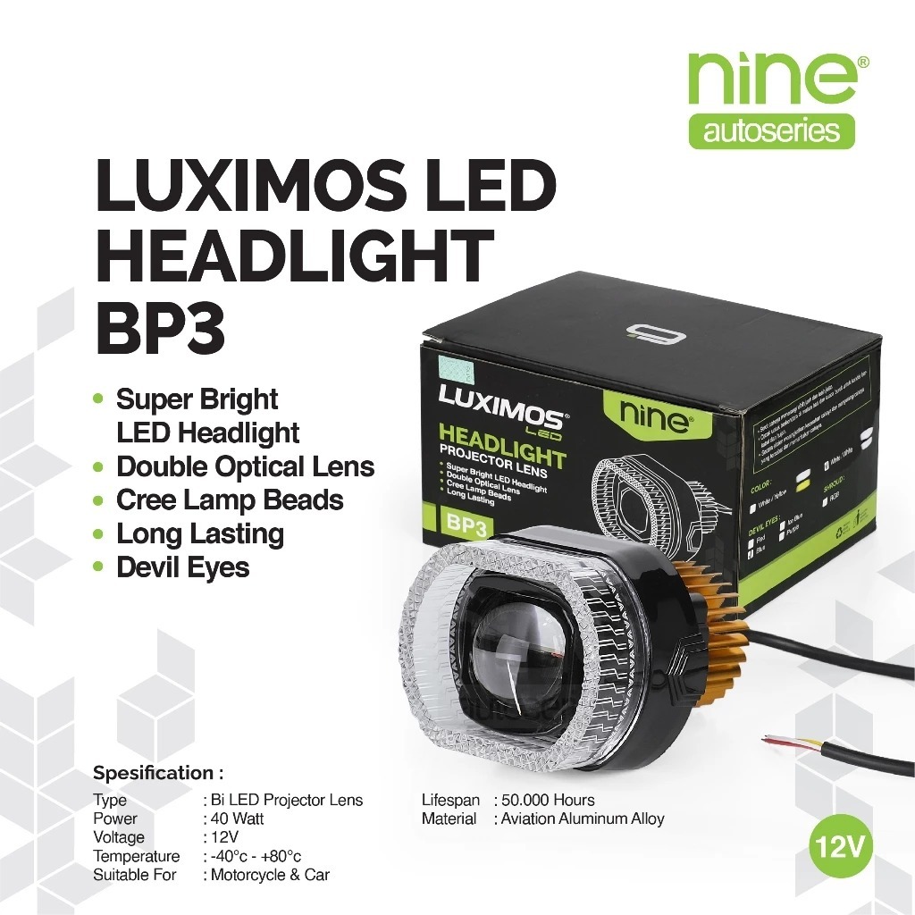 LAMPU DEPAN LED PROJECTOR HEADLIGHT BP3 LENS 2.5 INCH LUXIMOS NINE