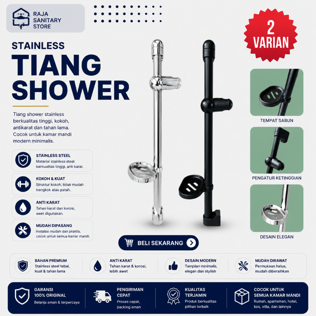 Tiang Shower Stainless Hitam dan Silver / Tiang Shower Plus Tempat Sabun/ Tiang Shower Stainless